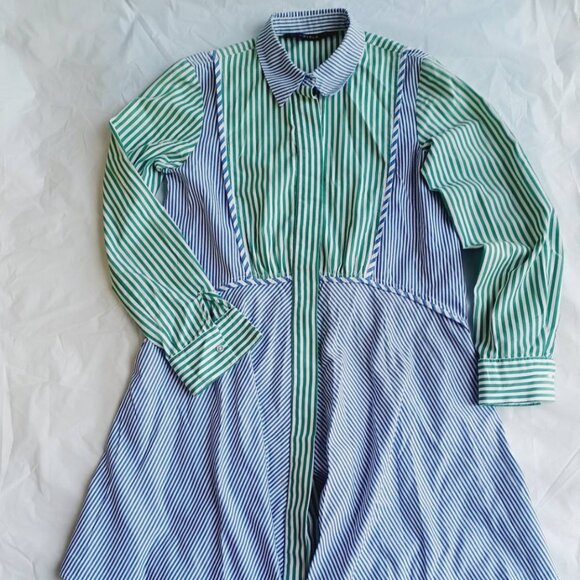Zara Button Down Striped Shirt Dress Sz XS  Long Sleeves Irregular Hem‎ - Picture 1 of 14